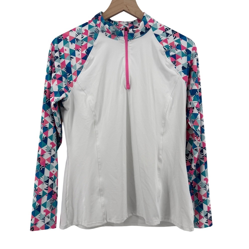 Kyodan Golf Mock Neck‎ 1/4 Zip White Pink Blue Women L Moisture Wicking UPF 50
